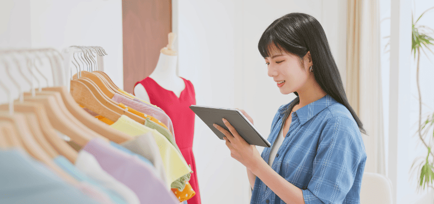 Mulher fazendo controle de estoque automático de roupas pelo tablet